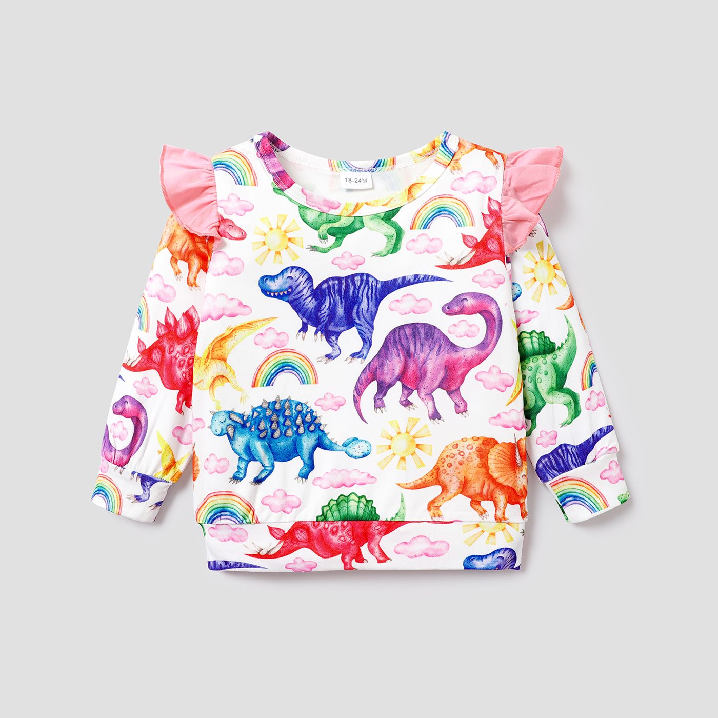 Toddler Girl Ruffled Dinosaur Cloud Rainbow/Floral Print Long-sleeve Pullover Sweatshirt