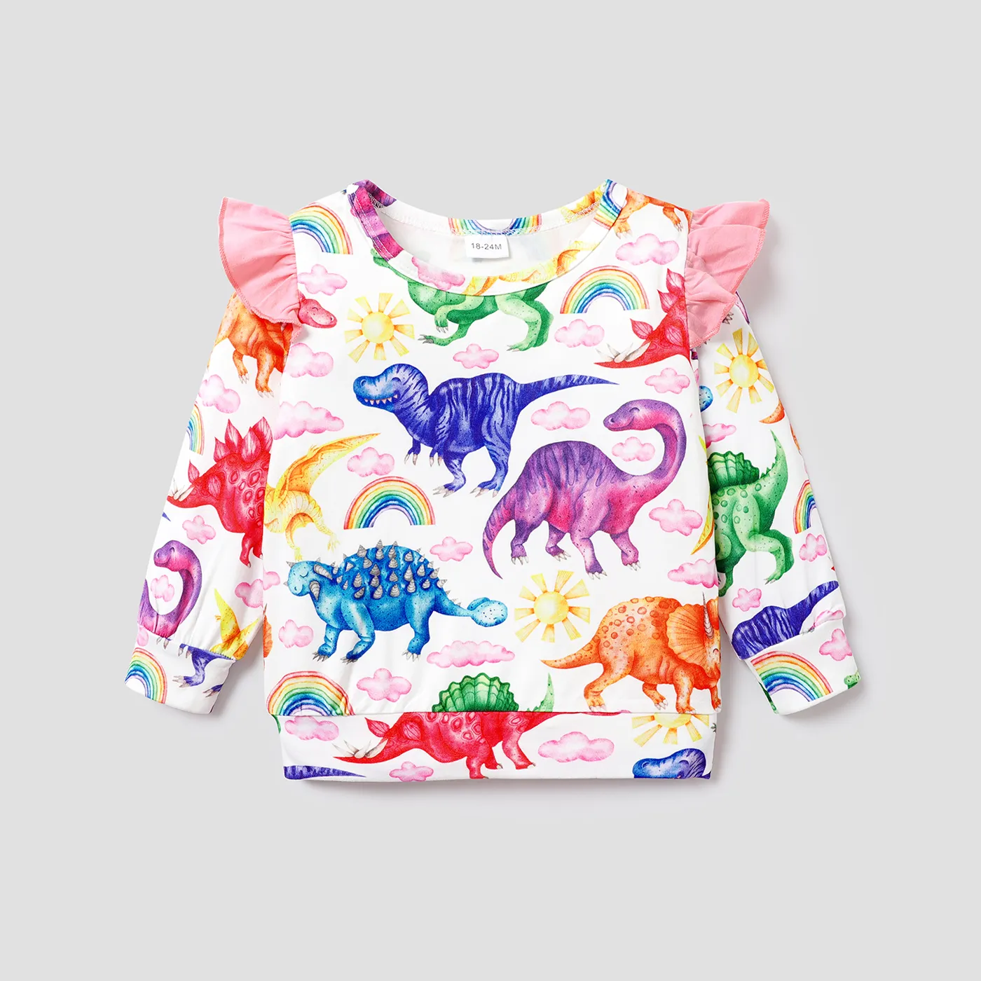 Toddler Girl Ruffled Dinosaur Cloud Rainbow/Floral Print Long-sleeve Pullover Sweatshirt Beige big image 1