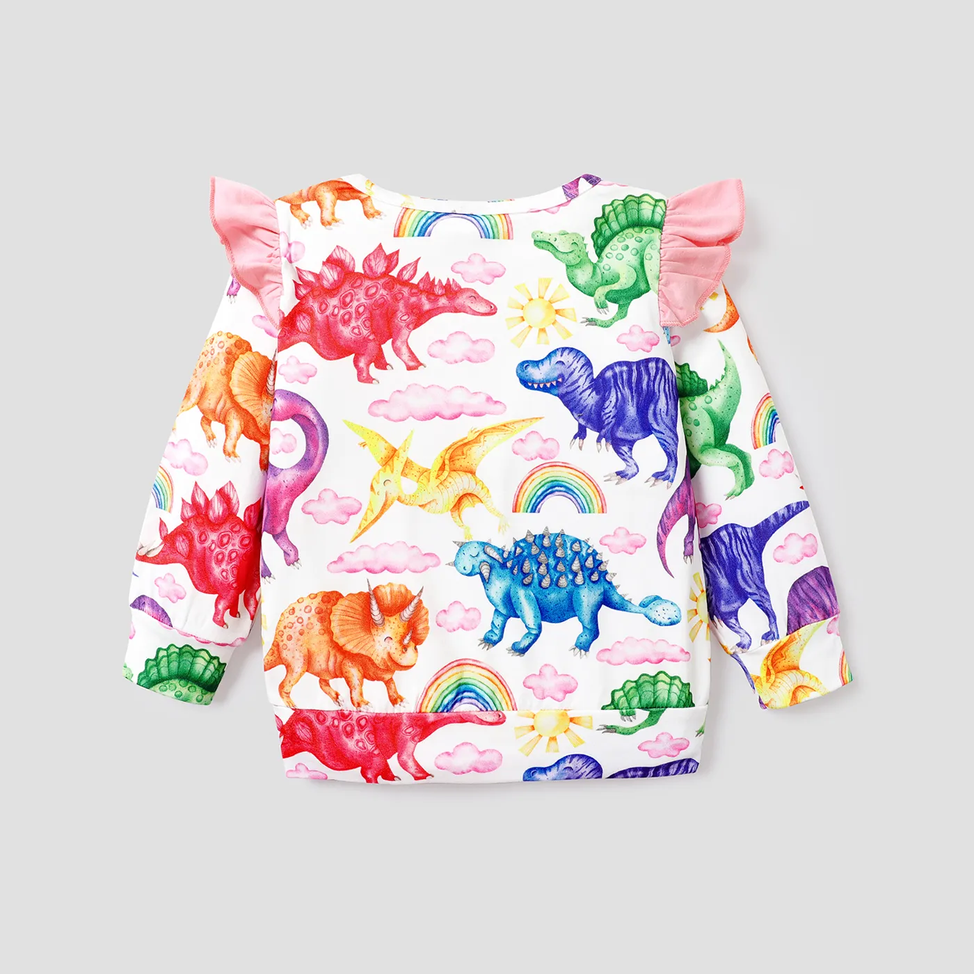 Toddler Girl Ruffled Dinosaur Cloud Rainbow/Floral Print Long-sleeve Pullover Sweatshirt Beige image 4