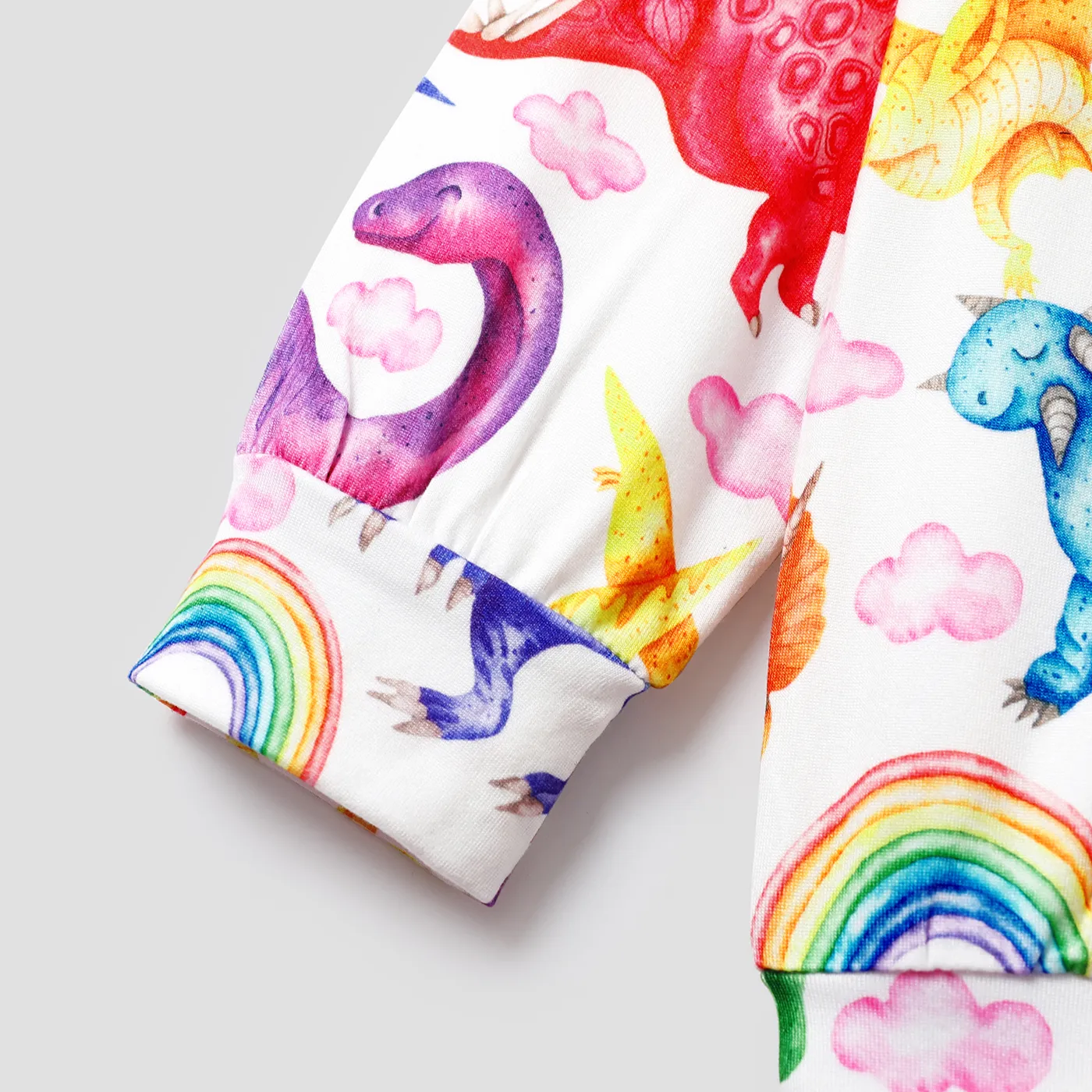 Toddler Girl Ruffled Dinosaur Cloud Rainbow/Floral Print Long-sleeve Pullover Sweatshirt Beige image 3
