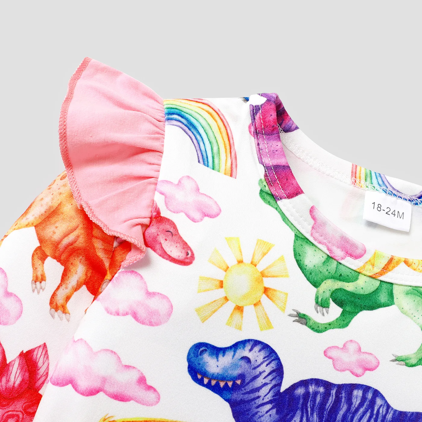 Toddler Girl Ruffled Dinosaur Cloud Rainbow/Floral Print Long-sleeve Pullover Sweatshirt Beige image 2