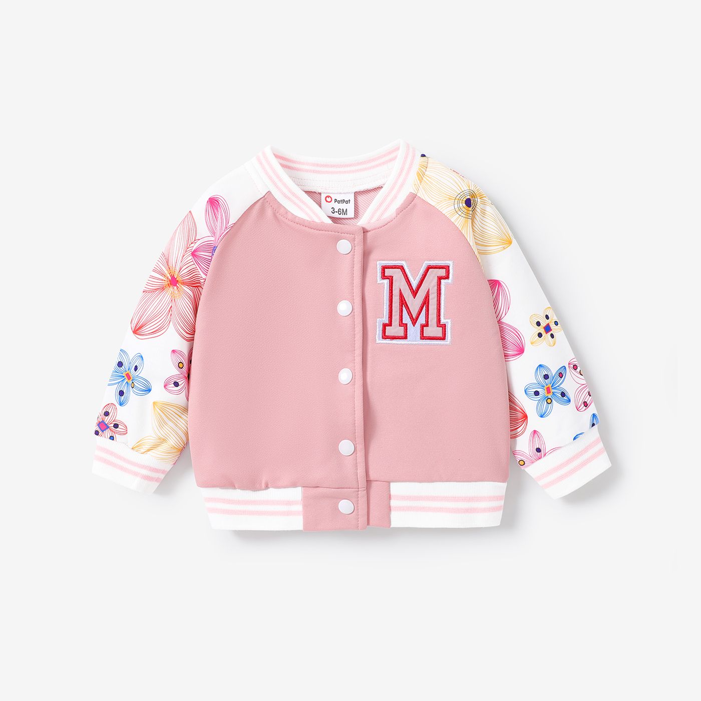 Baby Girl Floral Print Raglan-sleeve Letter Embroidered Button Front Bomber Jacket