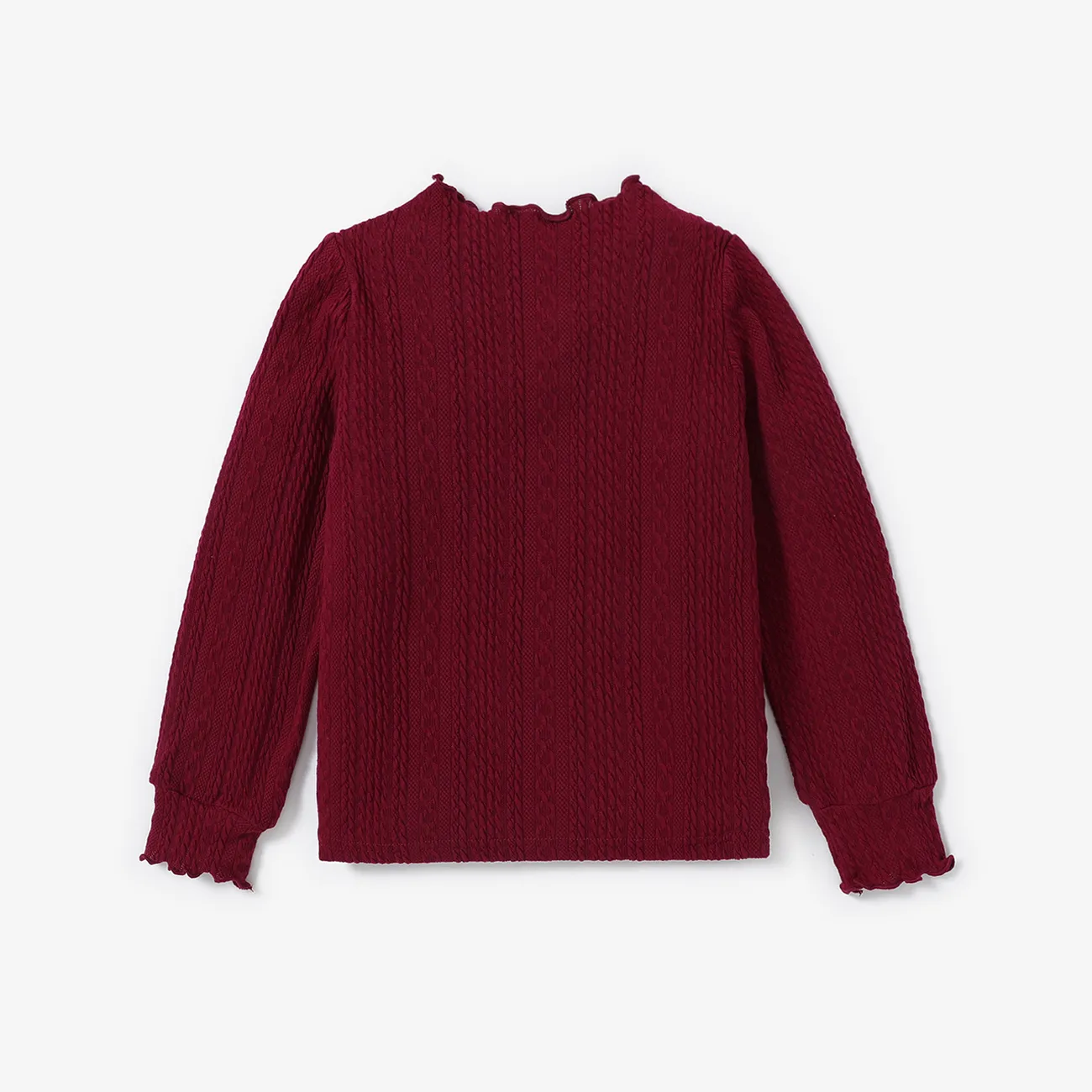 Kid Girl 3D Bowknot Design Cable Knit Textured Mock Neck Long-sleeve Tee Burgundy big image 1