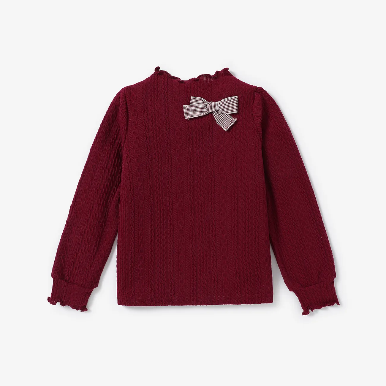 Kid Girl 3D Bowknot Design Cable Knit Textured Mock Neck Long-sleeve Tee Burgundy big image 1