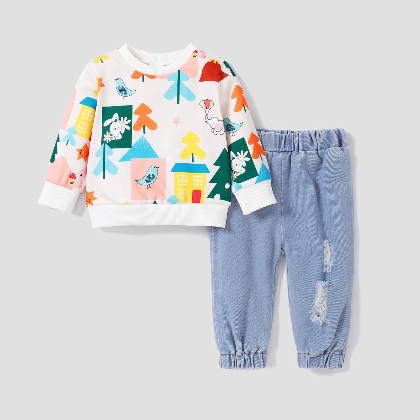 2pcs Baby Girl Geometric Pattern Rabbit Animal Print Sweatshirt And Jean Set