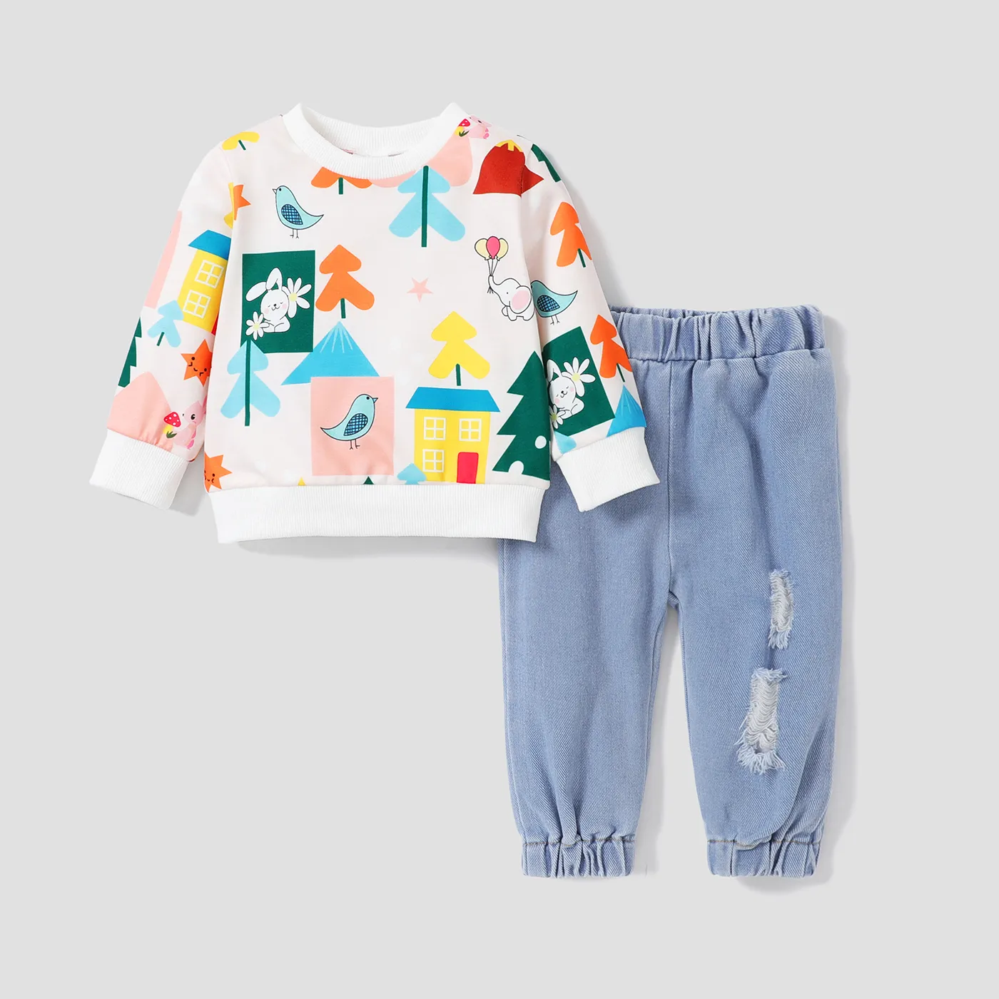 2pcs Baby Girl Geometric Pattern Rabbit Animal print Sweatshirt and Jean set