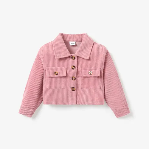 Toddler Girl Lapel Collar Button Design Pocket Pink Ribbed Jacket Coat