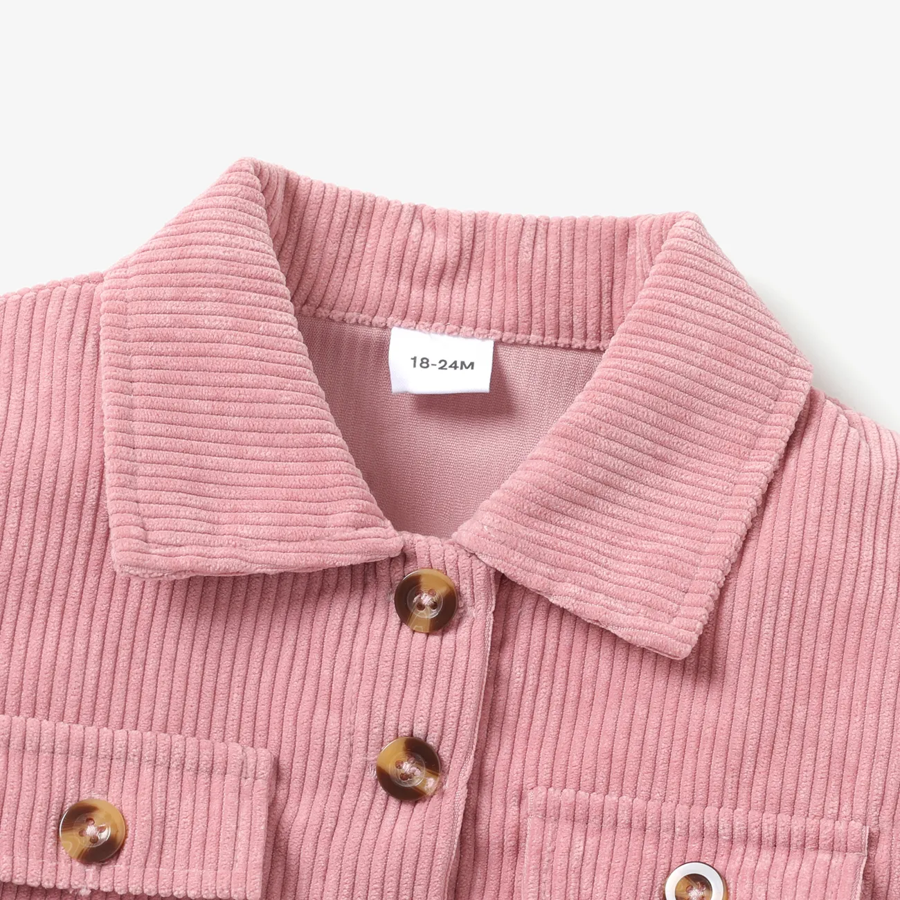 Toddler Girl Lapel Collar Button Design Pocket Pink Ribbed Jacket Coat Pink big image 1