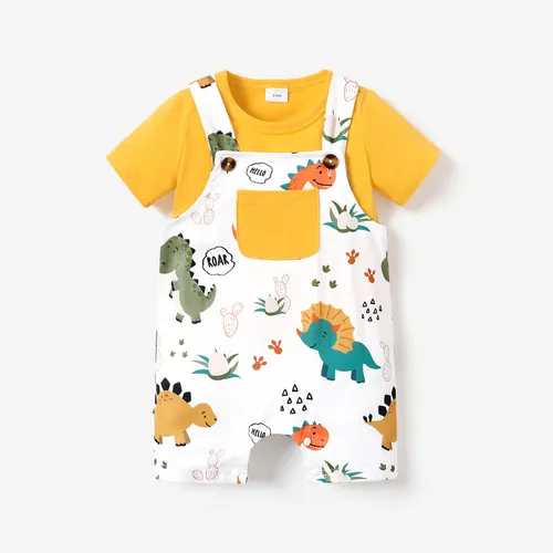 2pcs Baby Boy Short-sleeve Solid Tee and Allover Dinosaur Print Overall Romper Set