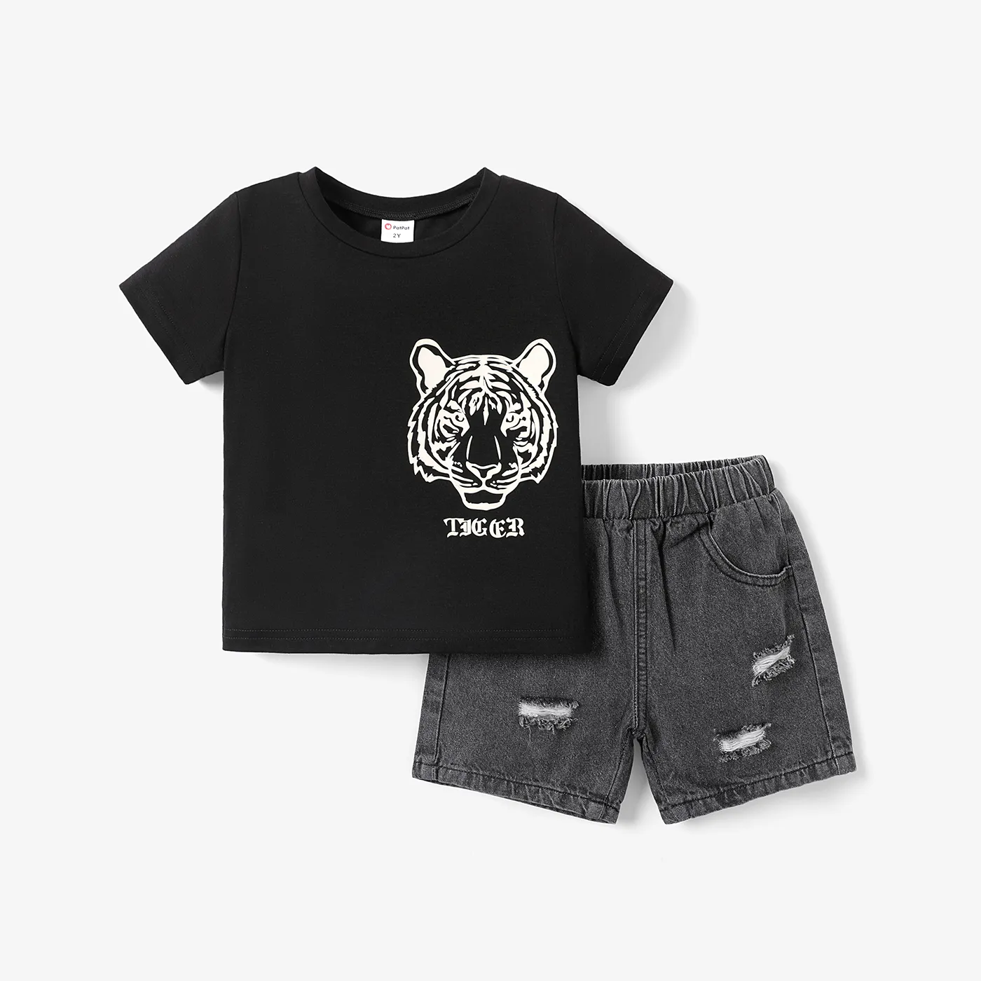 

2pcs Toddler Boy 100% Cotton Tiger Graphic Short-sleeve Tee and Cotton Ripped Denim Shorts Set