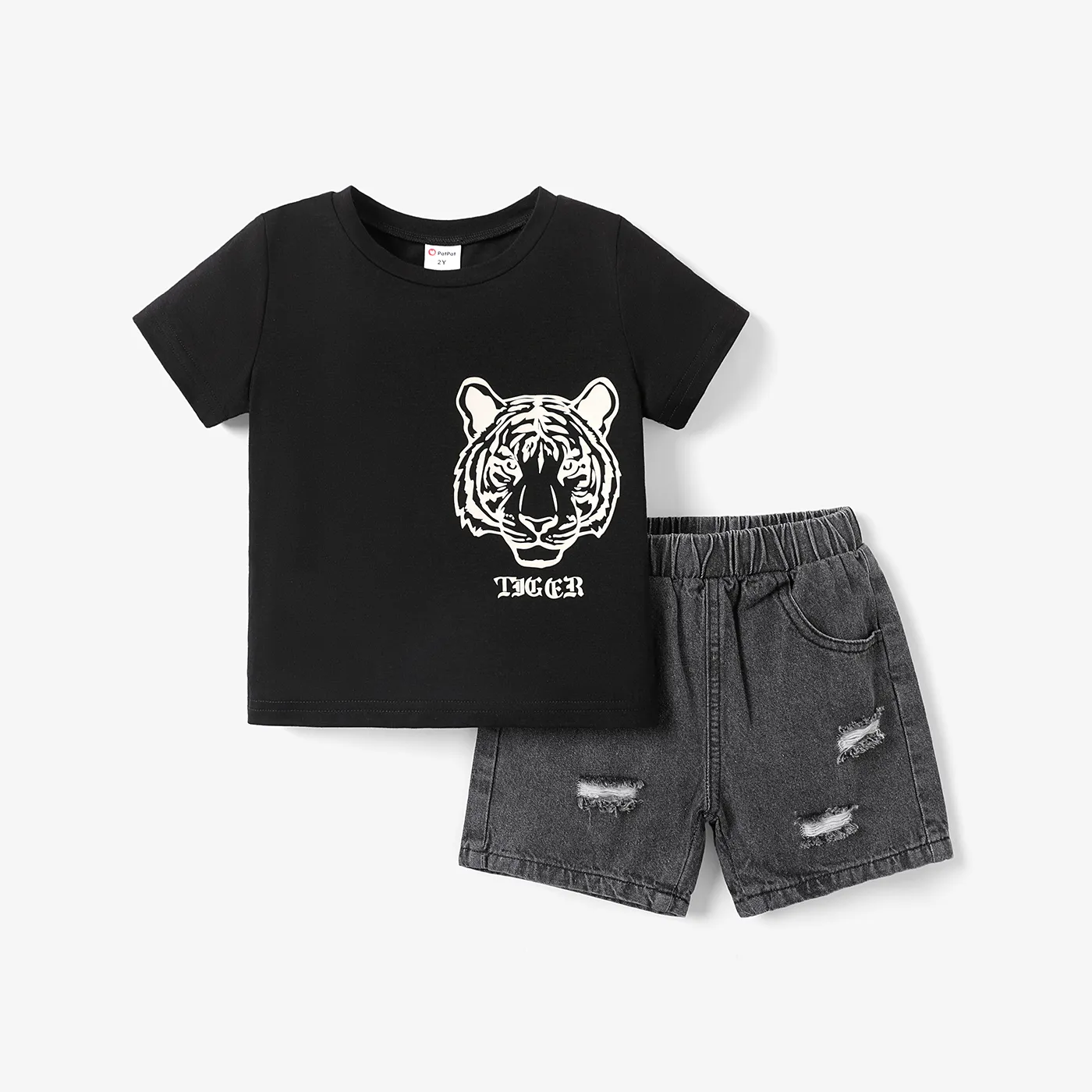 2 unidades Criança Menino Com furos Infantil Tigre conjuntos de camisetas Preto big image 1