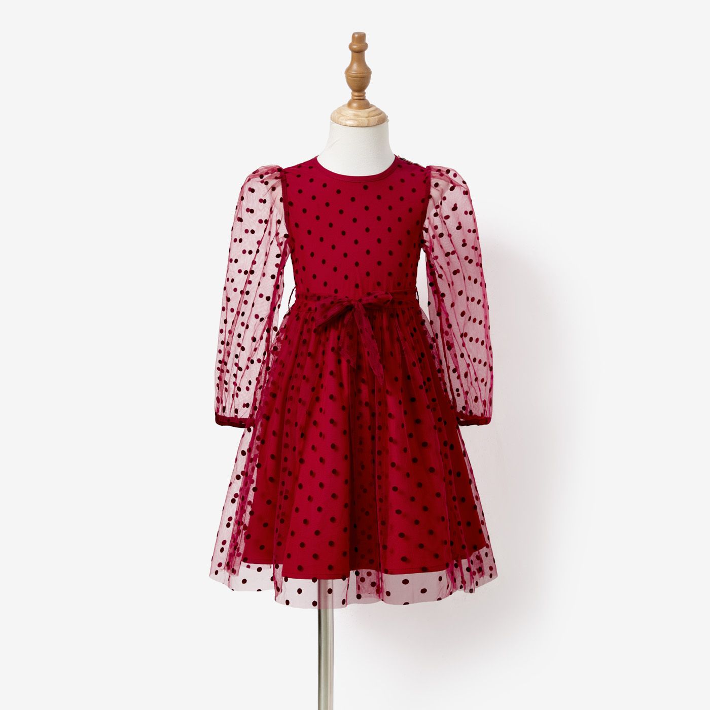 Family Matching Color-block Tops And Polka Dots Mesh Dresses Sets