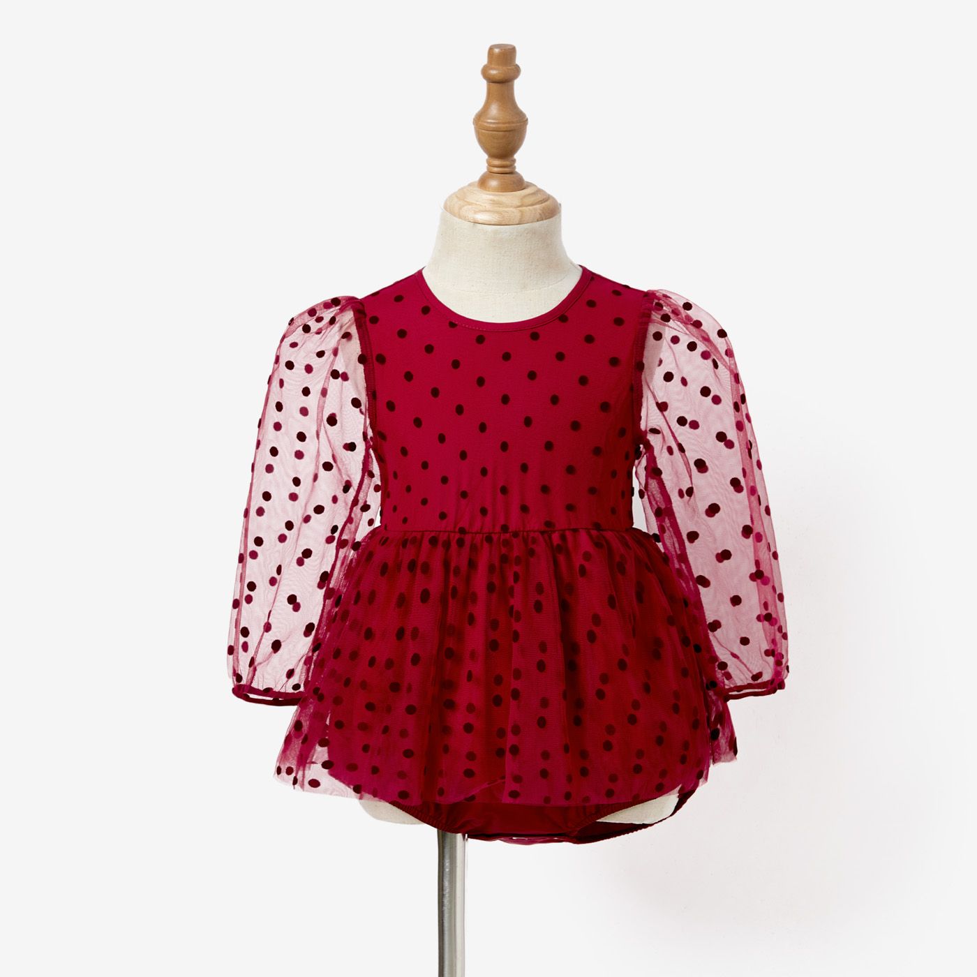 Family Matching Color-block Tops And Polka Dots Mesh Dresses Sets