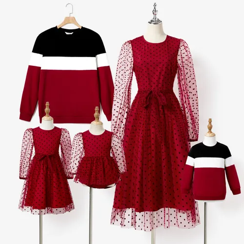 Family Matching Color-block Tops and Polka Dots Mesh Dresses Sets