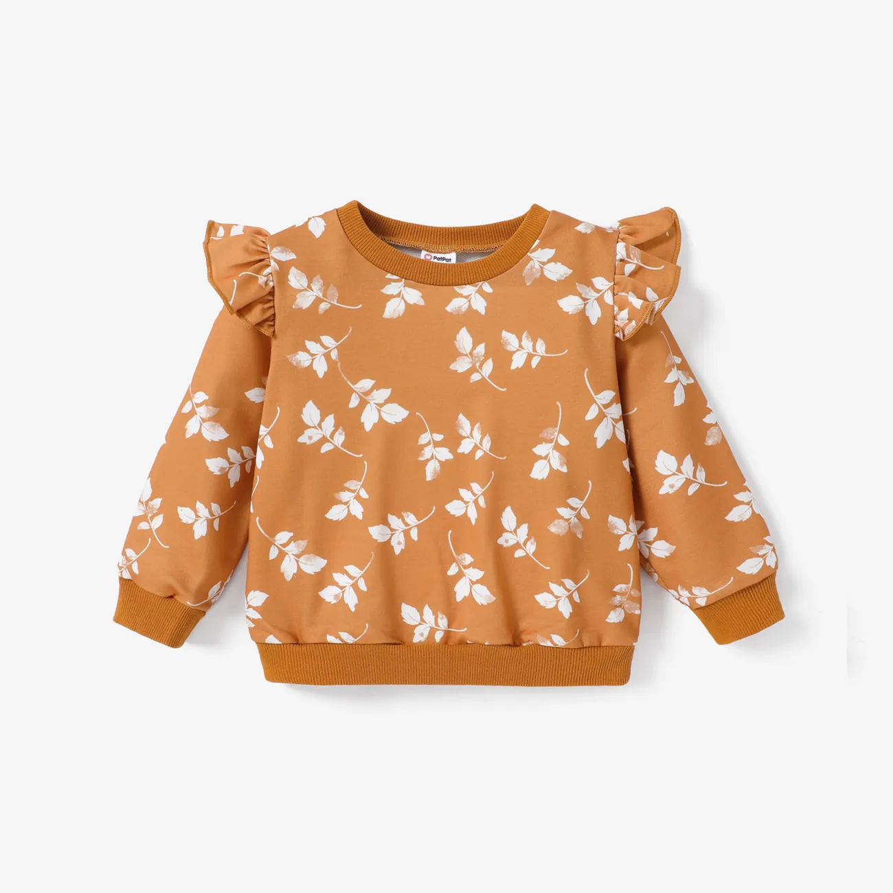 Toddler Girl Ruffled Floral Print Pullover Sweatshirt YellowBrown big image 1