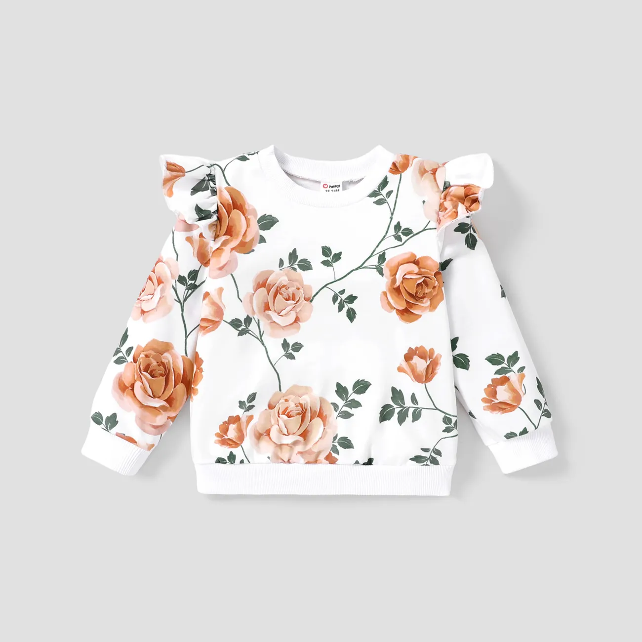 Toddler Girl Ruffled Floral Print Pullover Sweatshirt White big image 1