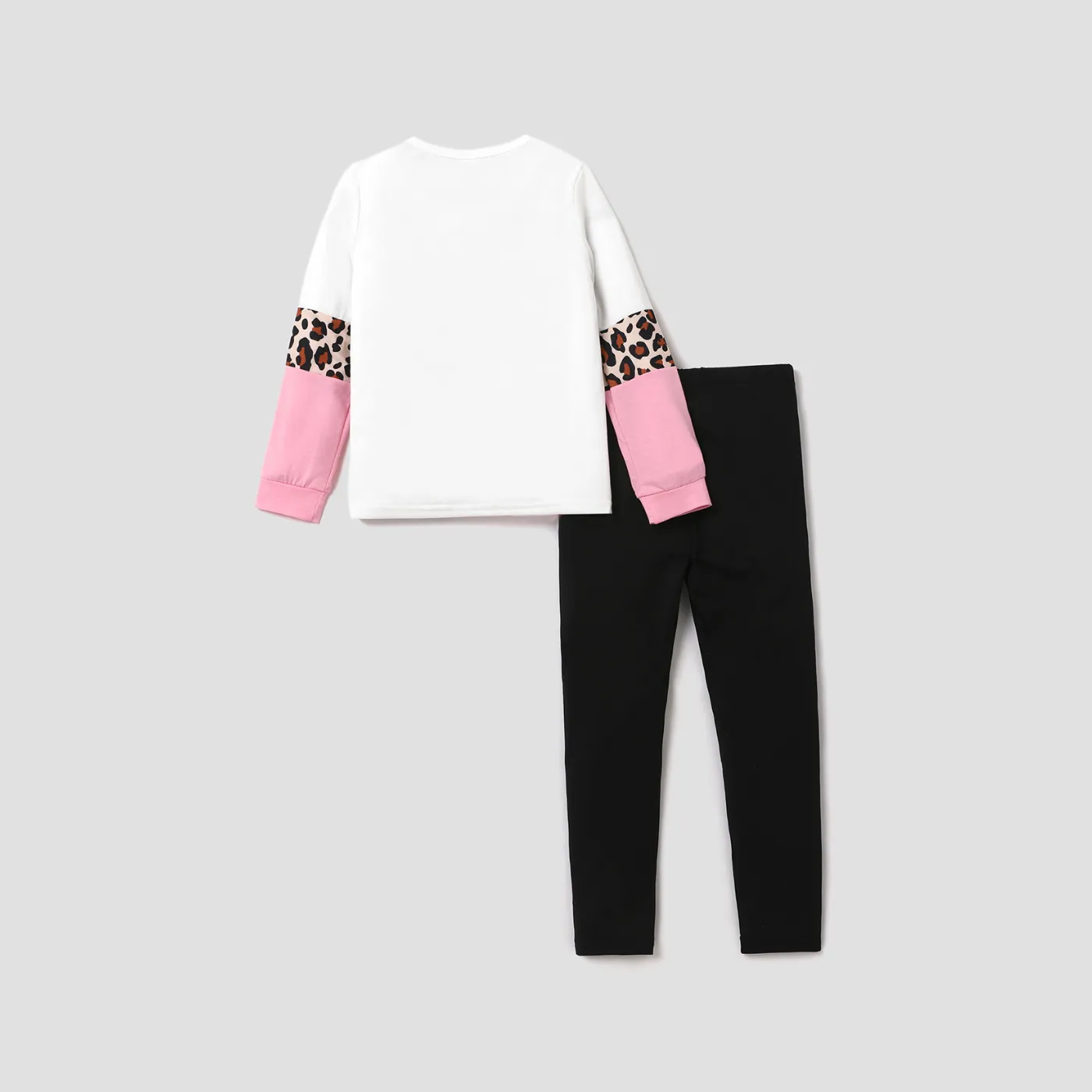 2pcs Kid Girl Leopard Print Colorblock Long-sleeve Tee and Black Leggings Set  image 2