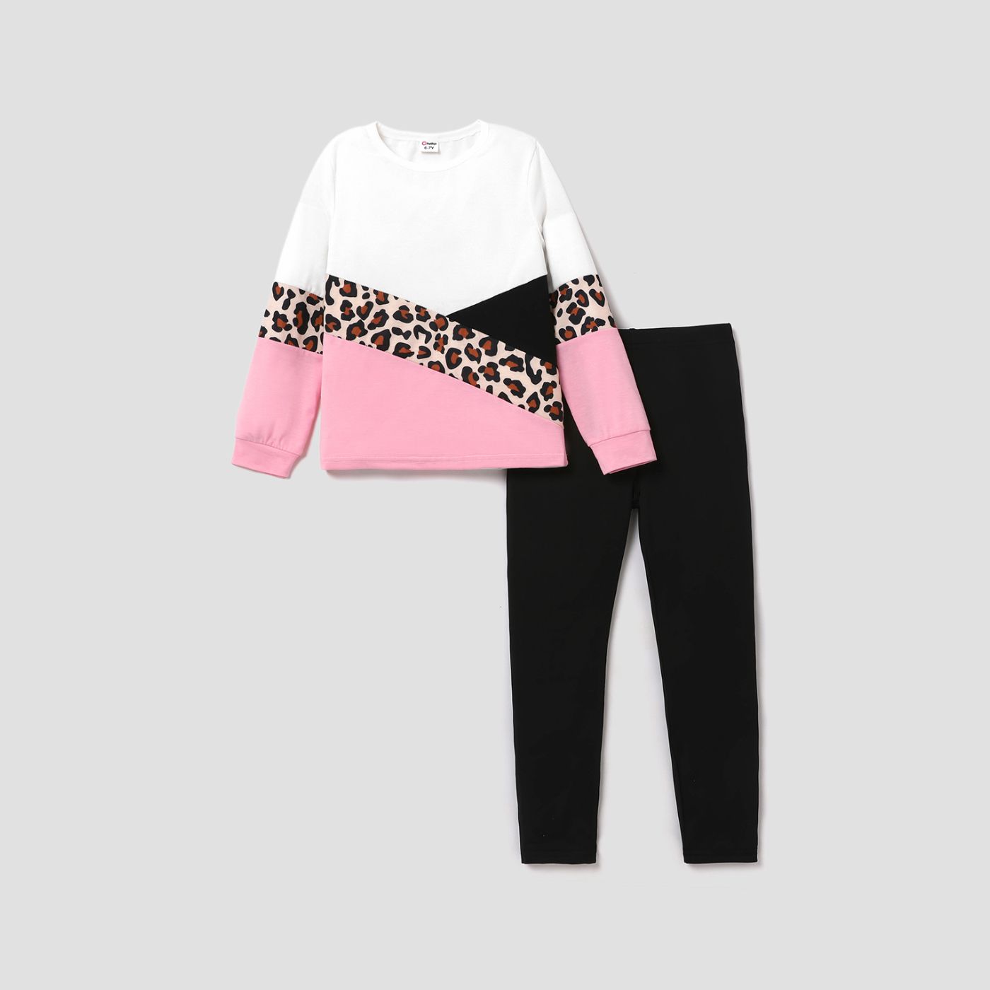 2pcs Kid Girl Leopard Print Colorblock Long-sleeve Tee And Black Leggings Set