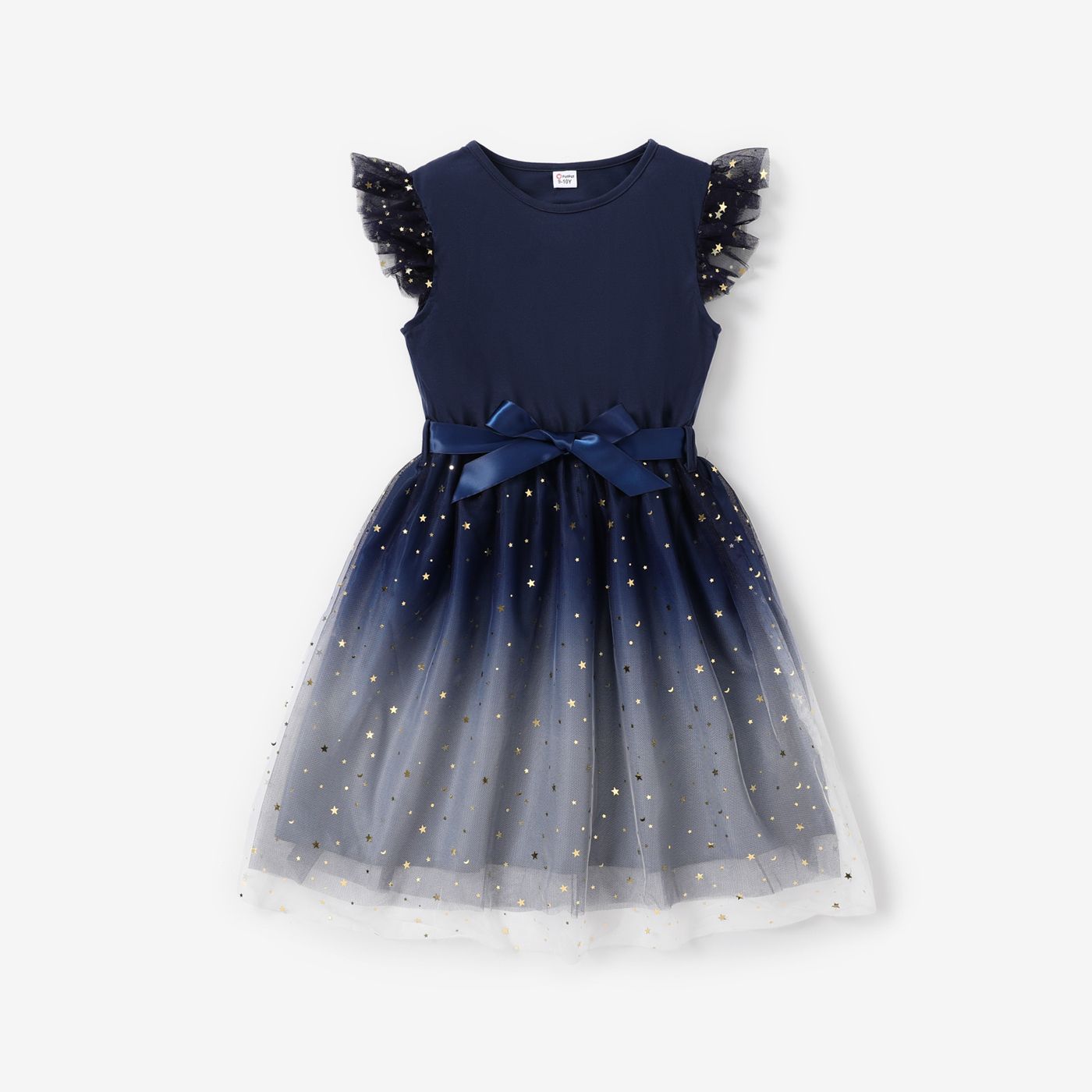 

Kid Girl Glitter Star Design Mesh Splice Flutter-sleeve Belted Fairy Dress