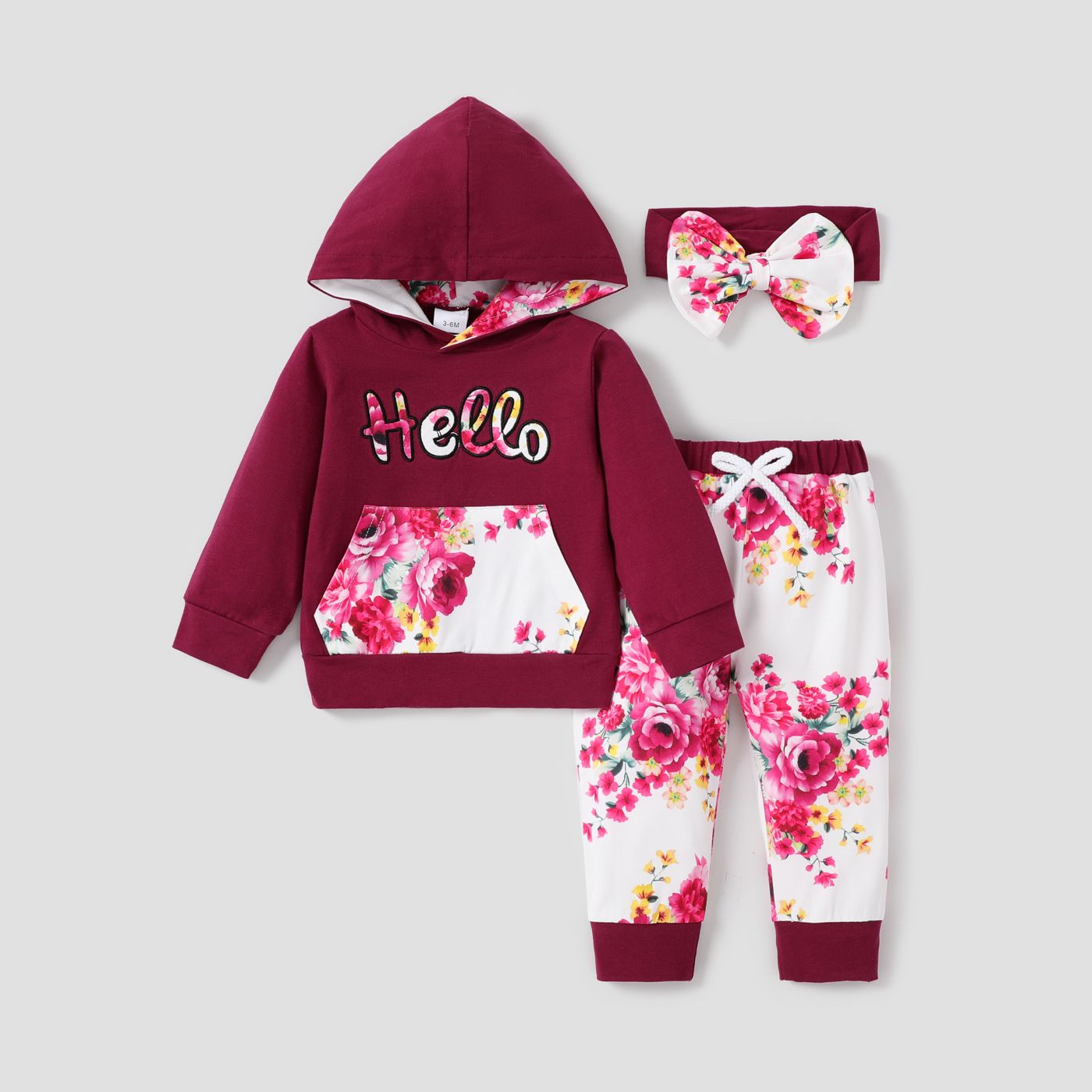3pcs Letter and Floral Print Hooded Long-sleeve Crimson Baby Set
