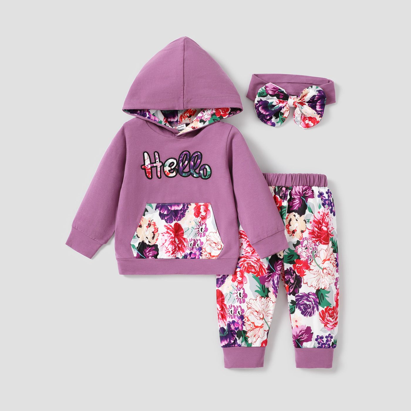 3pcs Letter And Floral Print Hooded Long-sleeve Crimson Baby Set