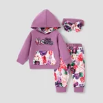 3pcs Letter and Floral Print Hooded Long-sleeve Crimson Baby Set Light Purple