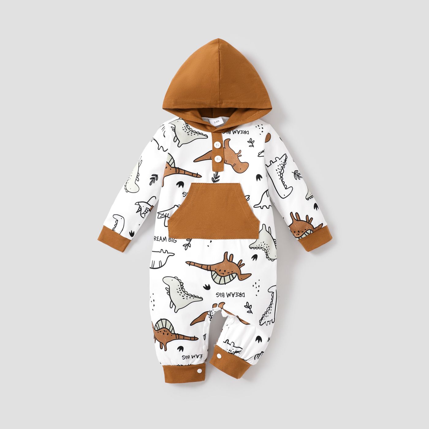 Baby Boy Buttons Front Dinosaur Pattern Long-sleeve Hooded Jumpsuit