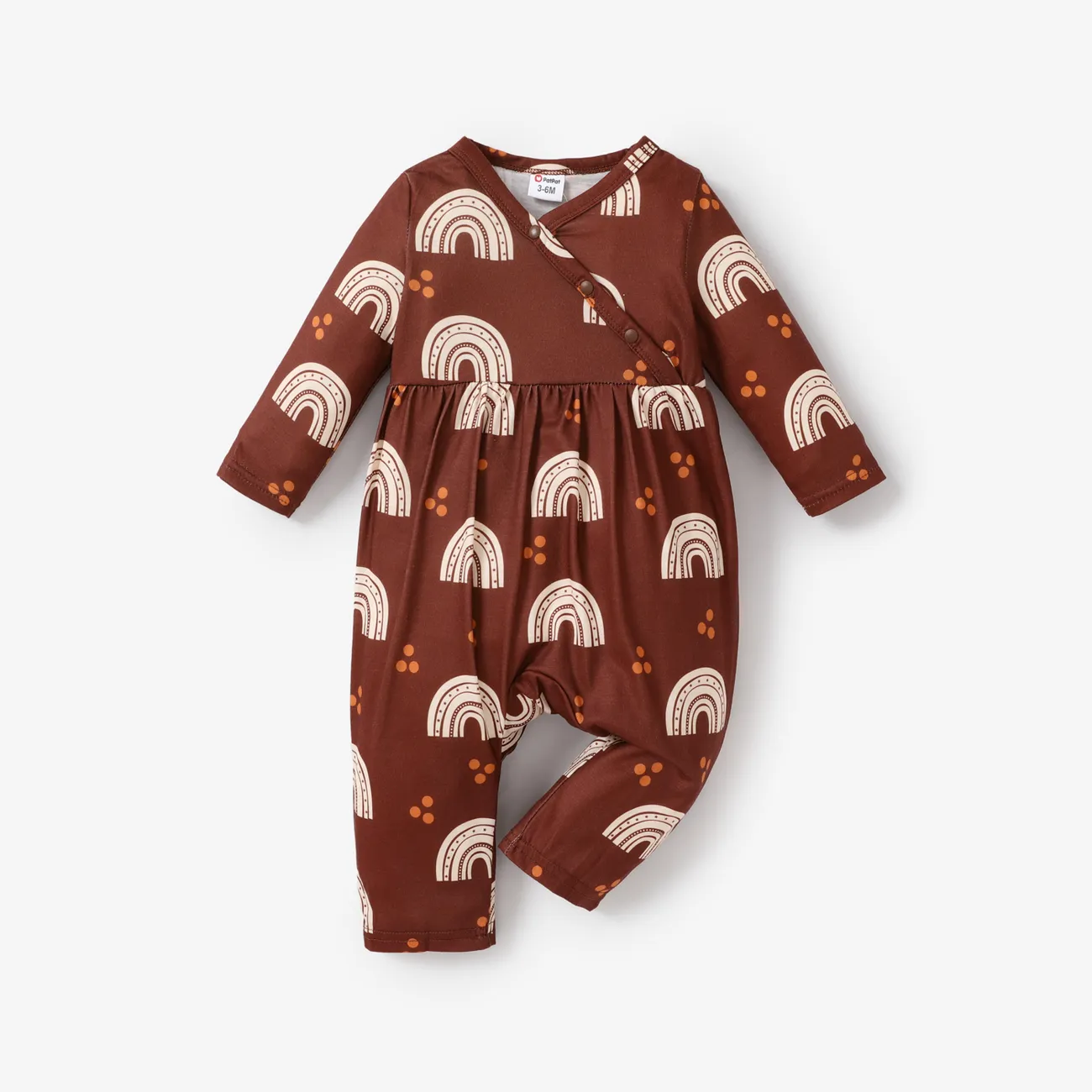Baby Girl Solid/Rainbow Print Long-sleeve V-neck Jumpsuit Brown big image 1