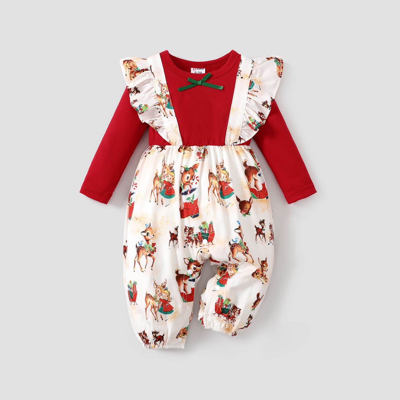 Christmas Baby Girl Allover Reindeer Print Ruffle Trim Spliced Red Long-sleeve Jumpsuit