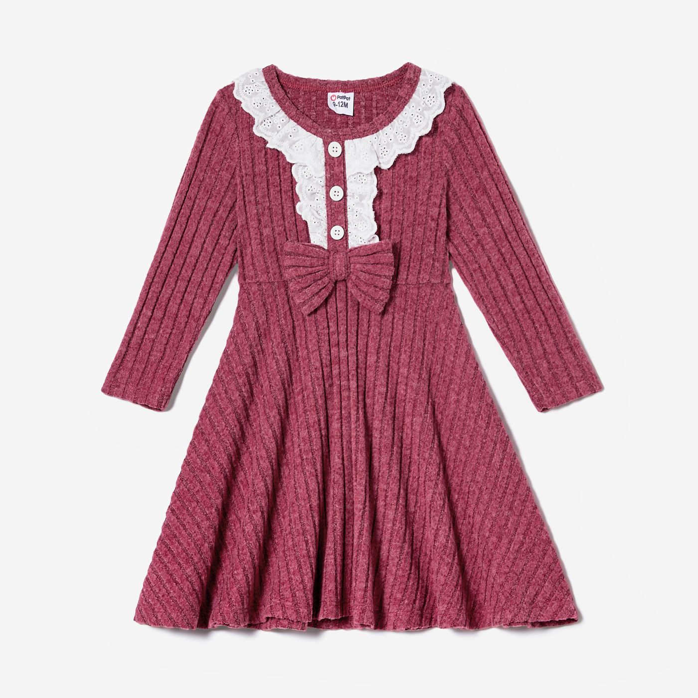 Family Matching Knit Long-sleeve Color-block/Solid Tops And Lace Hem Dresses Sets