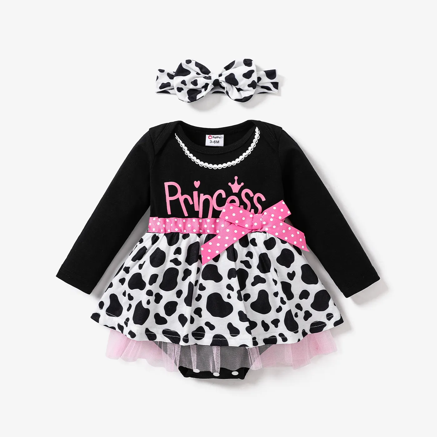 2pcs Baby Girl Sweet Animal Pattern Romper Set with Headband Black big image 1