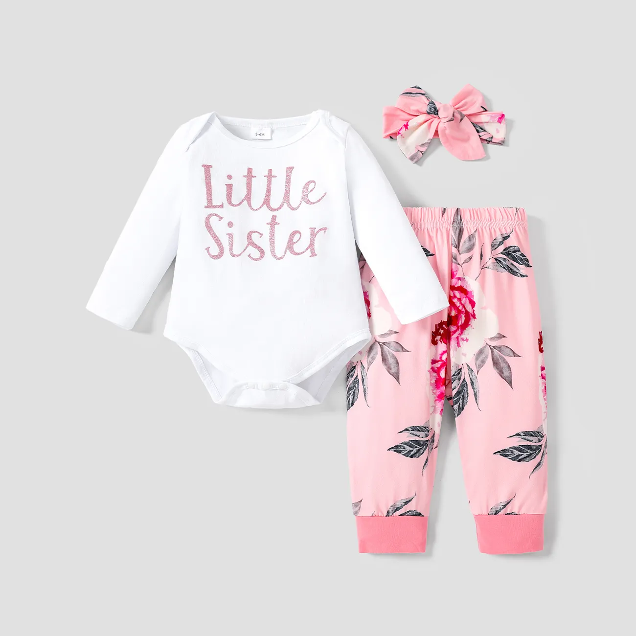 3pcs Baby Girl 95% Cotton Long-sleeve Letter Print Romper and Floral Print Pants with Headband Set White big image 1