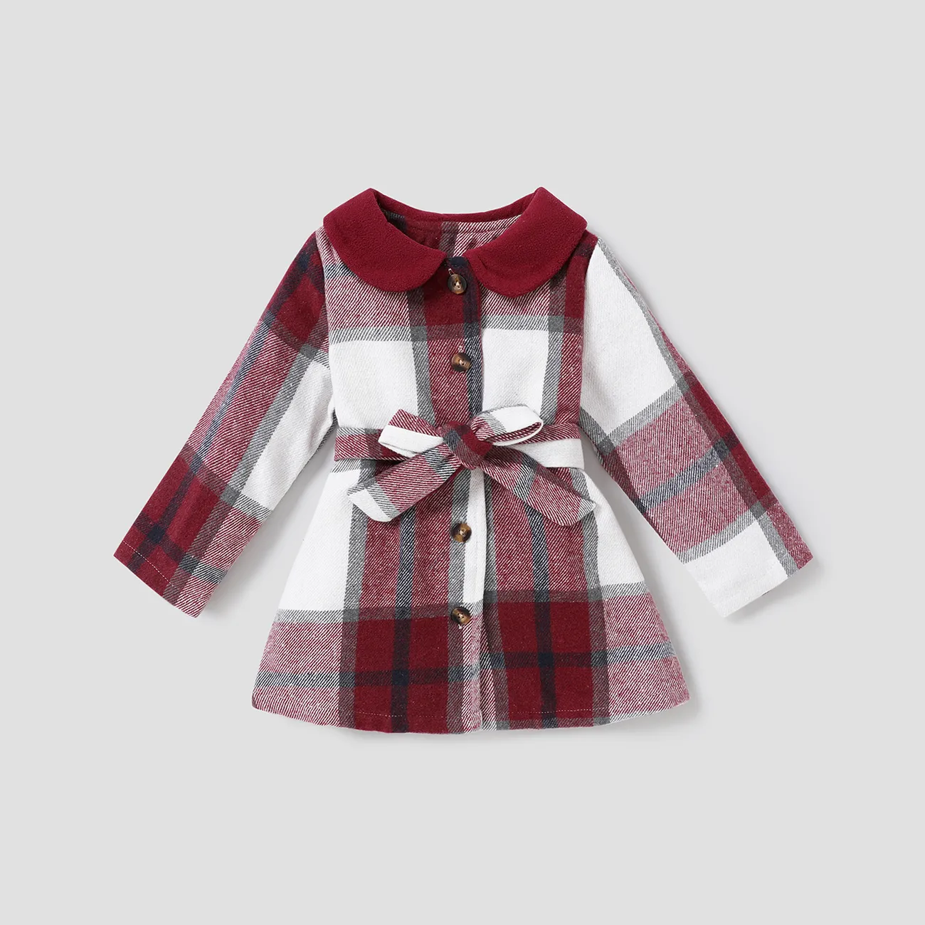 Toddler Girl Doll Collar Plaid Button Design Belted Thin Coats Burgundy big image 1