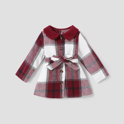 abrigos finos con cinturón y diseño de botones a cuadros con cuello de muñeca para niña pequeña