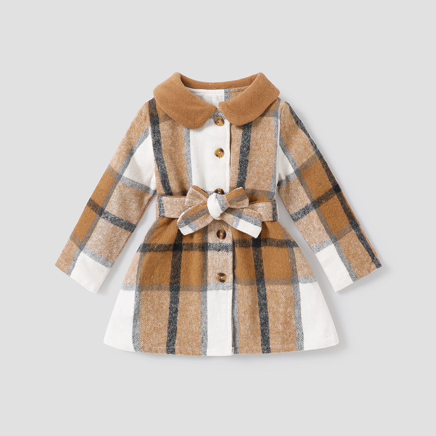 Toddler Girl Doll Collar Plaid Button Design Belted Thin Coats