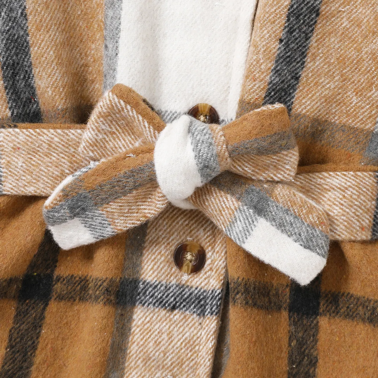 Toddler Girl Doll Collar Plaid Button Design Belted Thin Coats Khaki big image 1