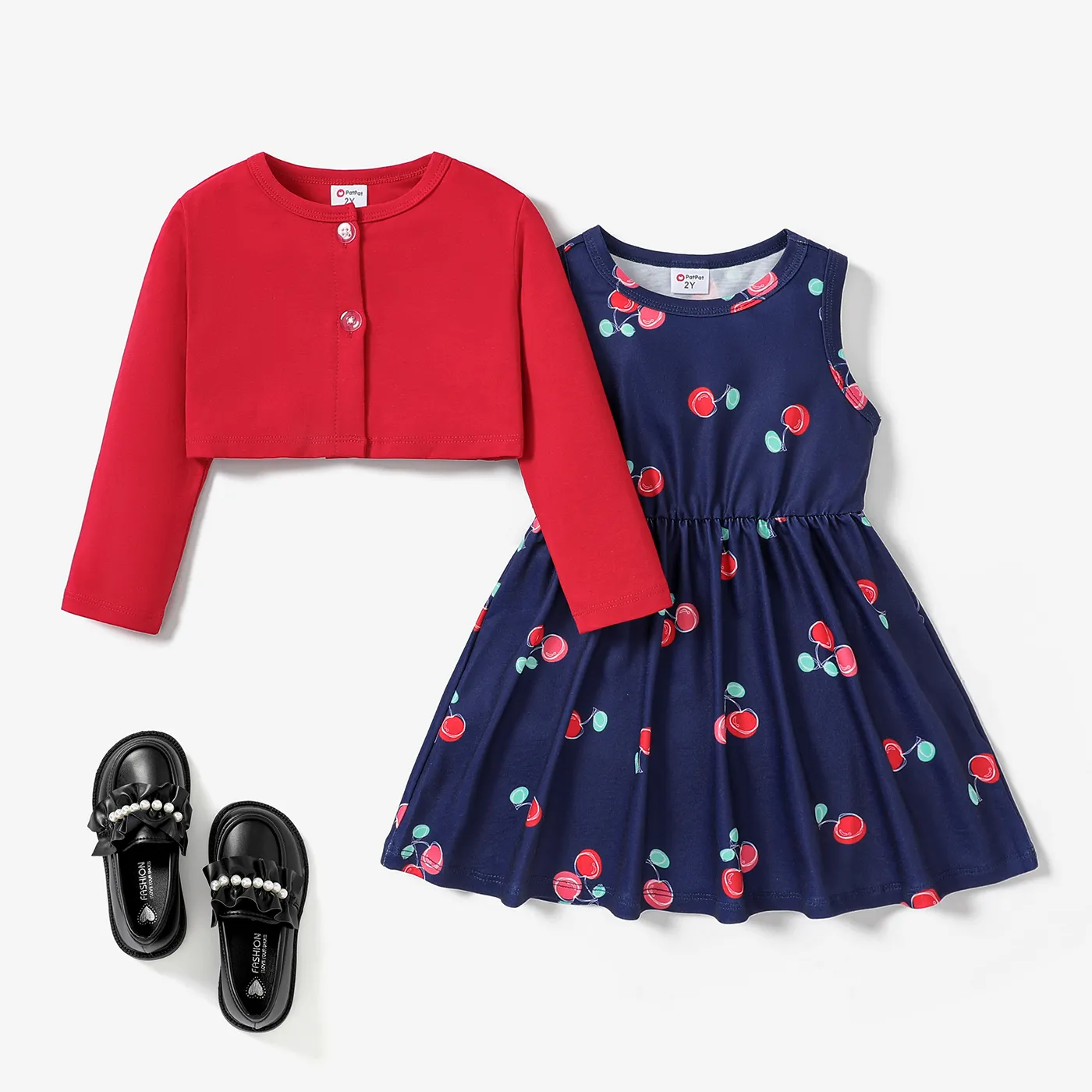 2pcs Toddler Girl Sweet Cherry fruit pattern Button Design Dress 