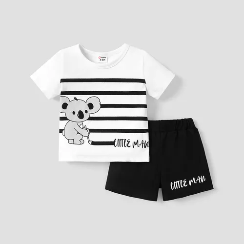 2pcs Baby Boy 95% Cotton Bear & Stripe Print Short-sleeve Tee and Letter Print Shorts Set