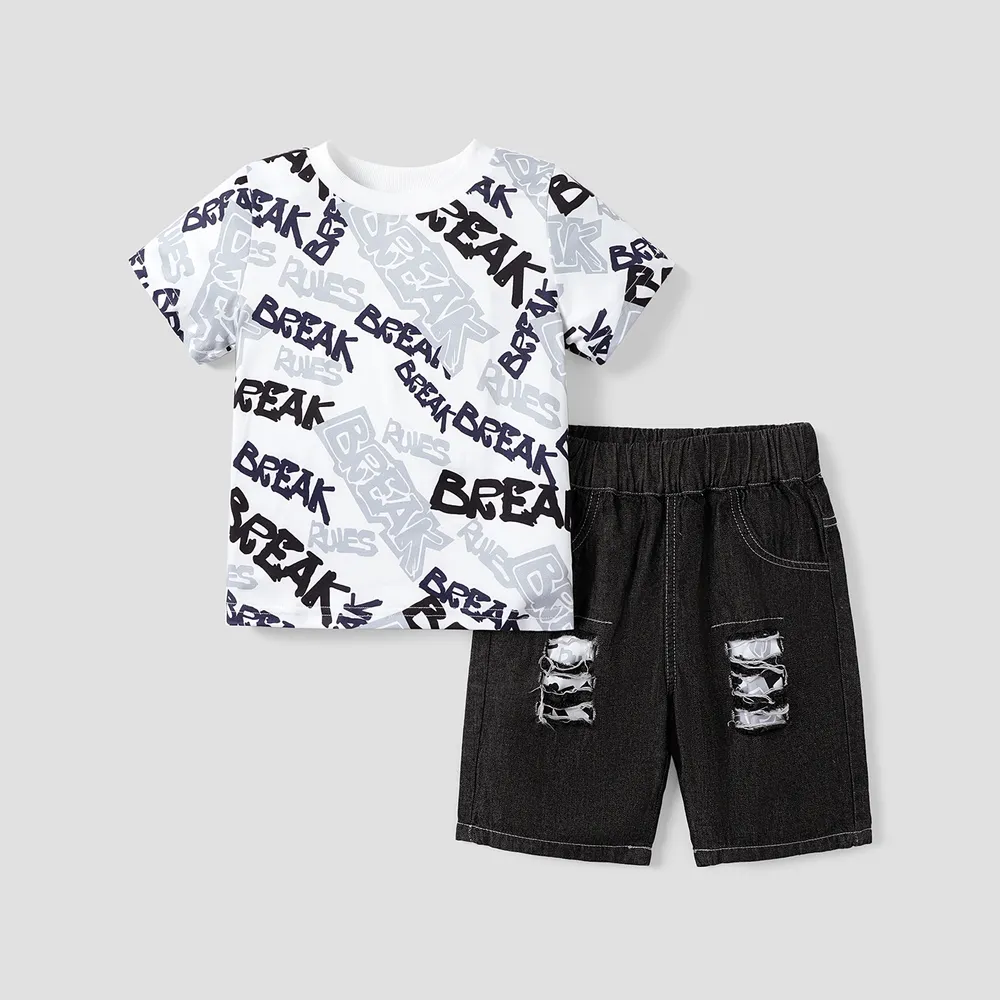 2pcs Toddler Boy Trendy Ripped Denim Shorts & Letter Print Tee Set big image 1