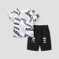 2pcs Toddler Boy Trendy Ripped Denim Shorts & Letter Print Tee Set  image 1