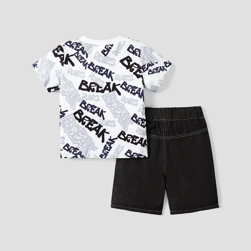 2pcs Toddler Boy Trendy Ripped Denim Shorts & Letter Print Tee Set big image 5