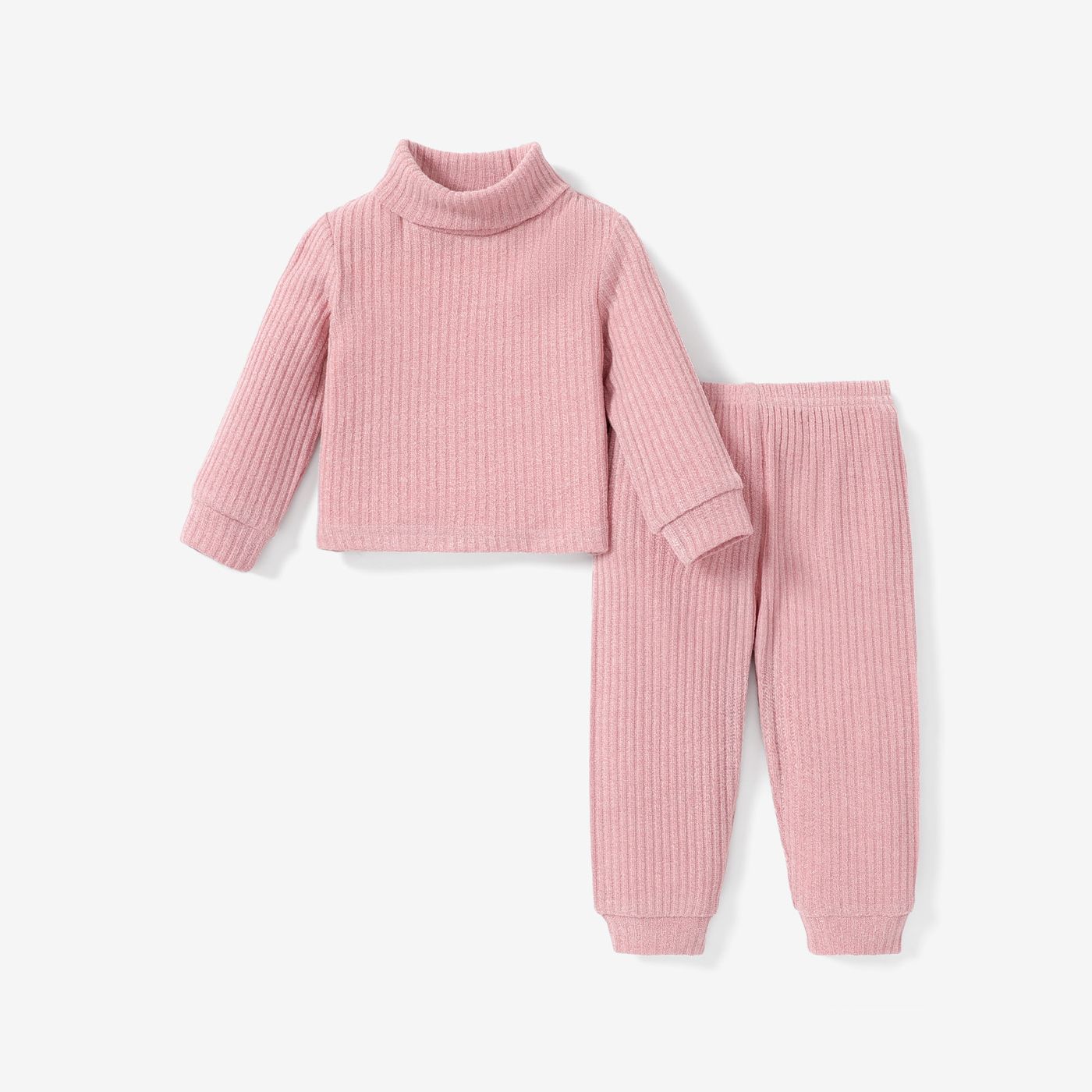 2pcs Toddler Girl Solid Color Ribbed Turtleneck Long-sleeve Tee And Elasticized Pants Set