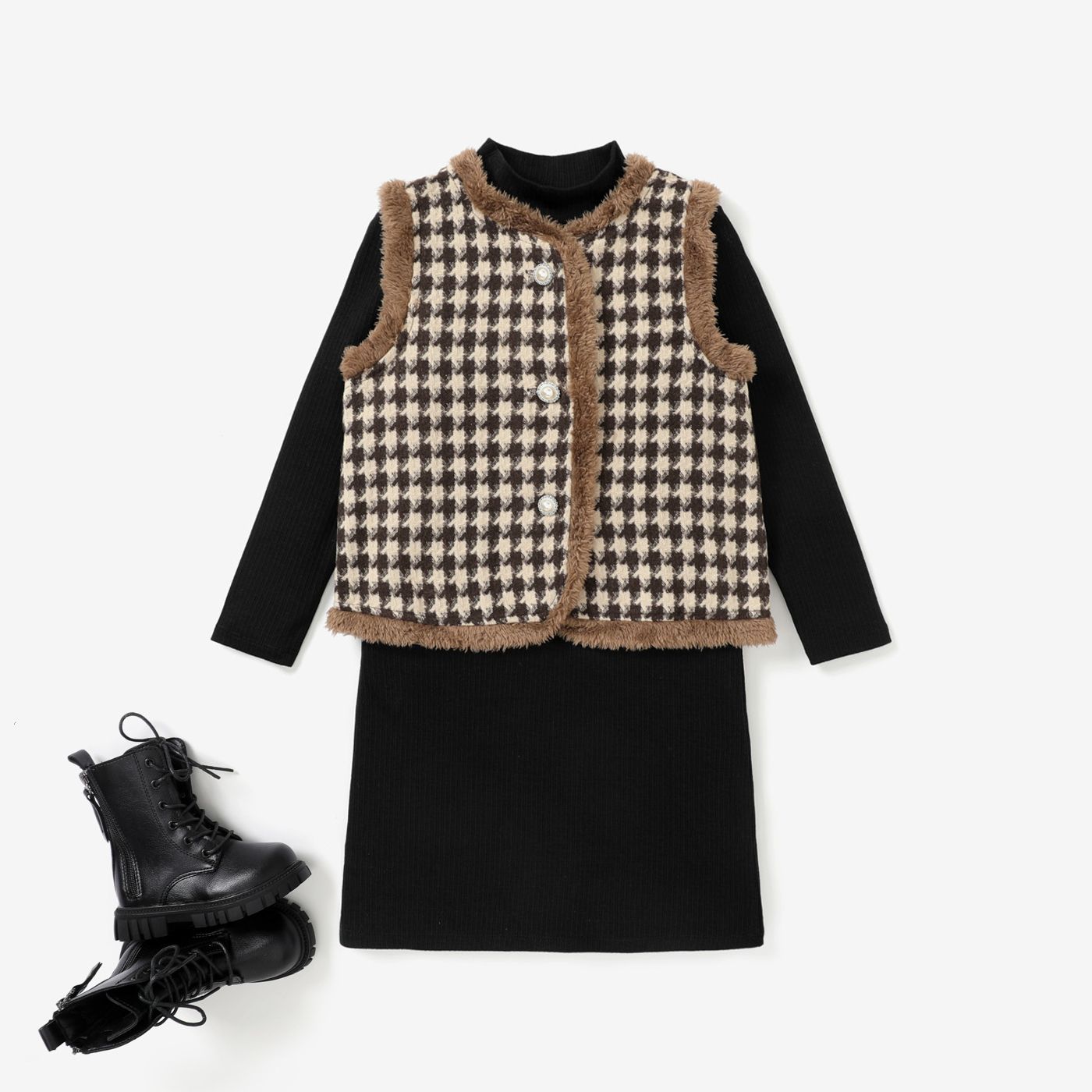2PCS Kid Girl Button Feature Grid / Houndstooth Gilet / Jupe Set