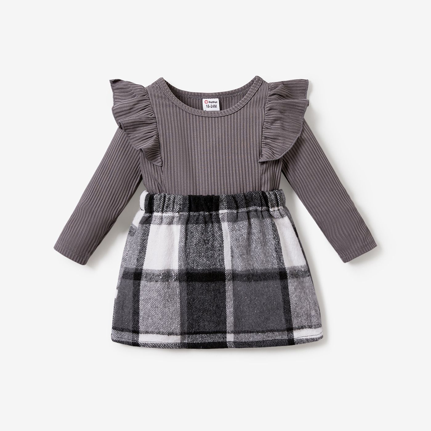 2pcs Toddler Girl Trendy Ruffled Ribbed Black Tee And Plaid Skirt Set