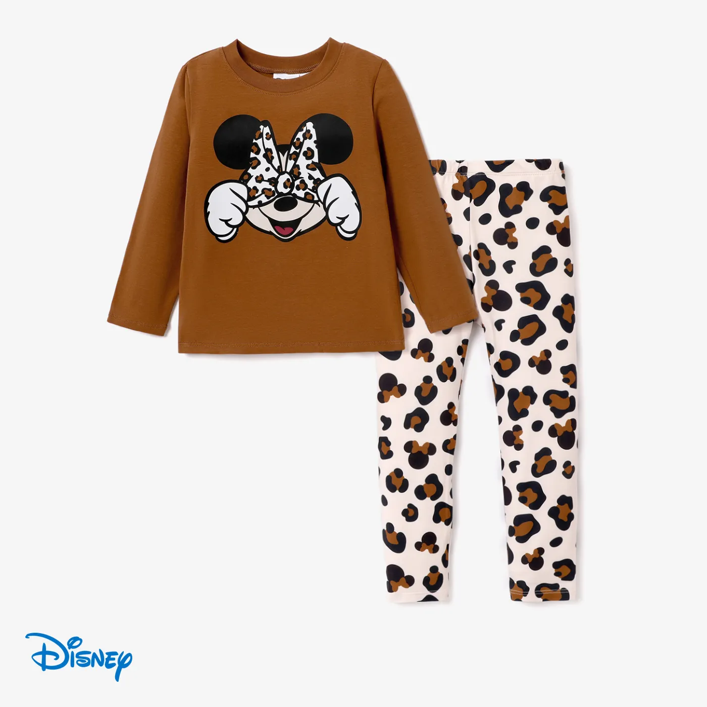 Disney Mickey and Friends Toddler Girl Cotton Leopard Print Solid Top and Pant Sets Brown big image 1