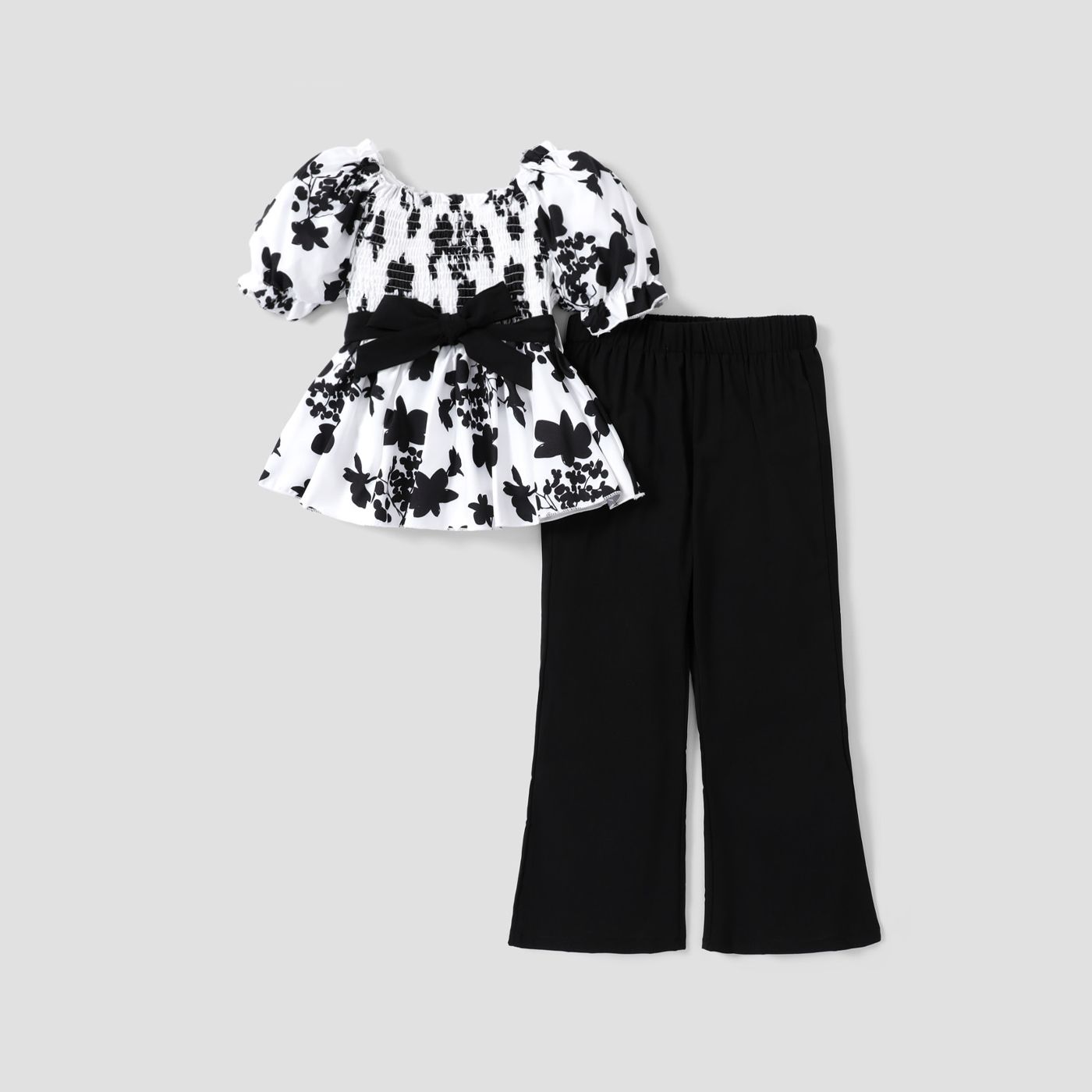 2pcs Kid Girl Floral Print Belted Smocked Top Et Solid Pants Set