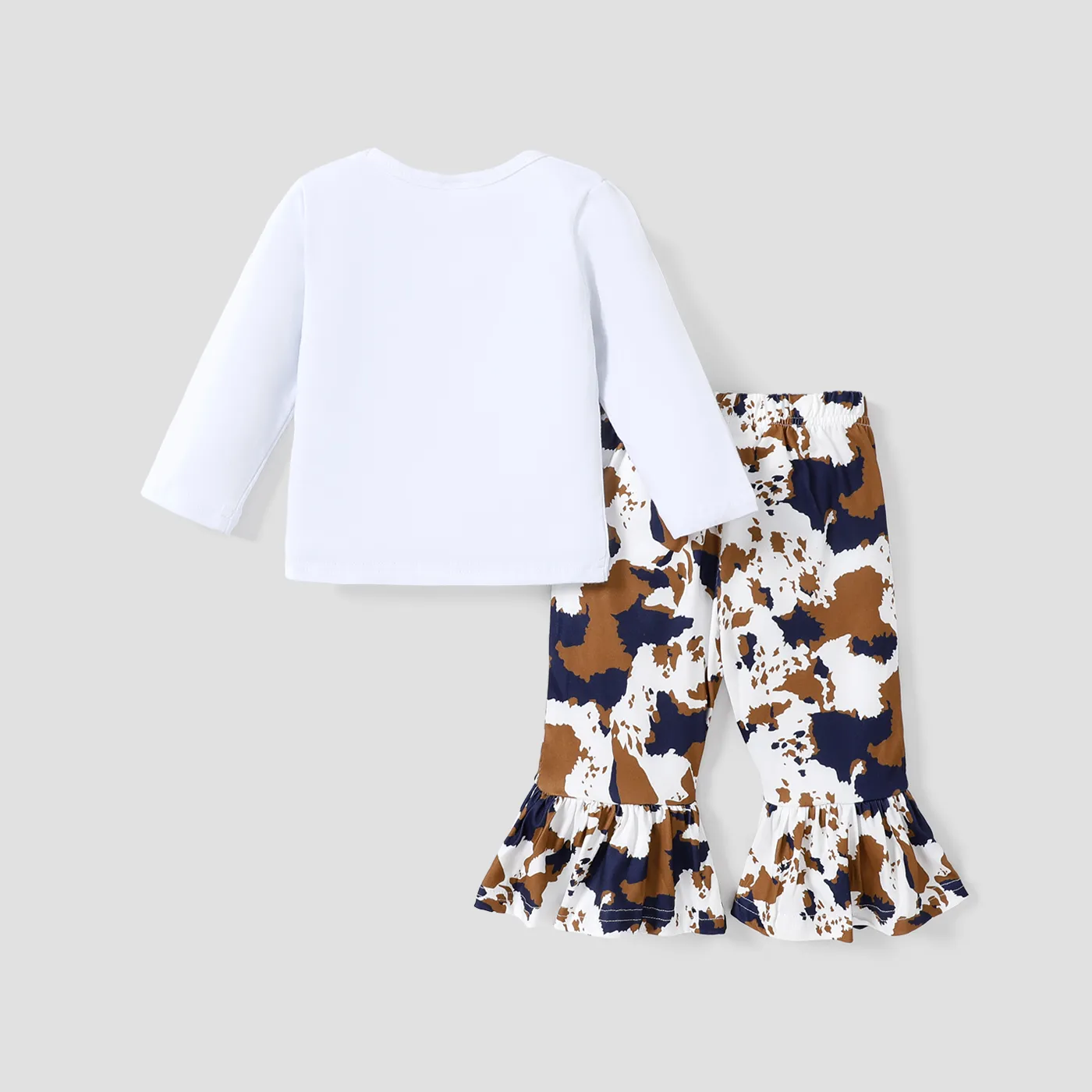 2pcs Baby Girl 95% Cotton Long-sleeve Graphic Tee and Allover Print Flared Pants Set White image 2