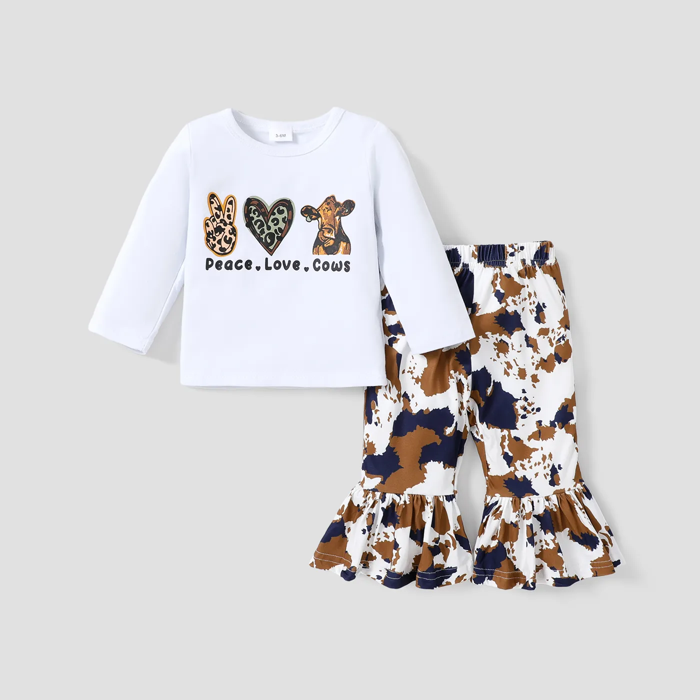 2pcs Baby Girl 95% Cotton Long-sleeve Graphic Tee and Allover Print Flared Pants Set White big image 1