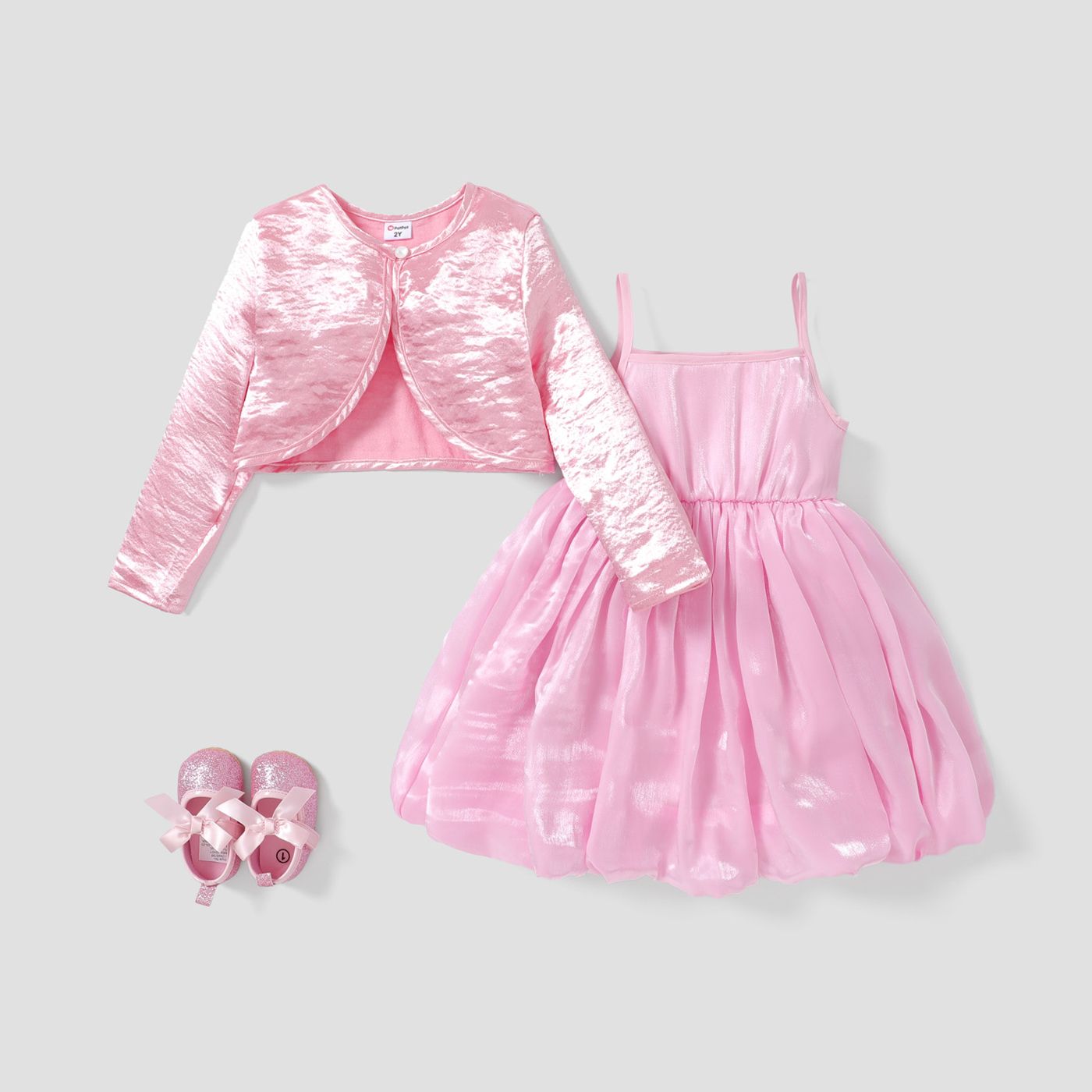 2PCS Toddler Girl Sweet Solid Color Long Sleeve Jacket /Camisole Dress Set