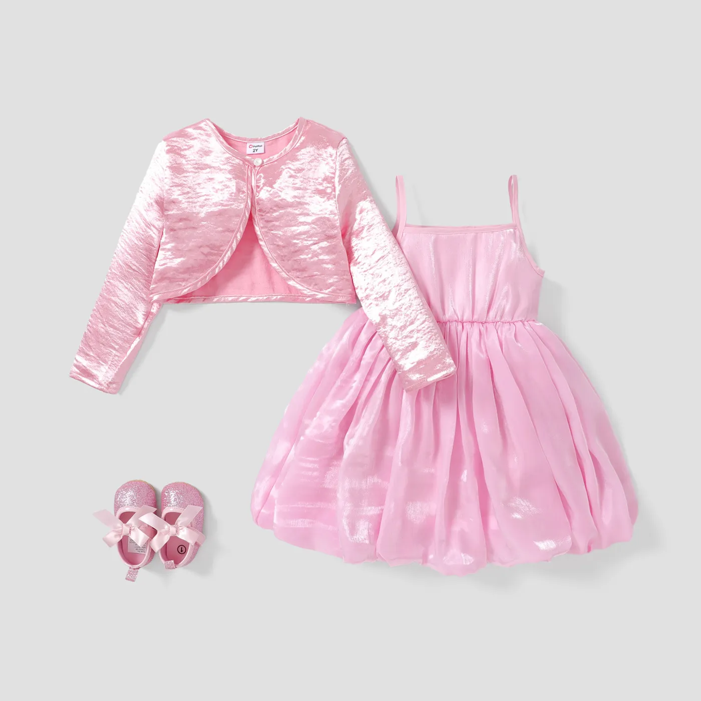 2PCS Toddler Girl Sweet Solid Color Long Sleeve Jacket /Camisole Dress Set   image 2